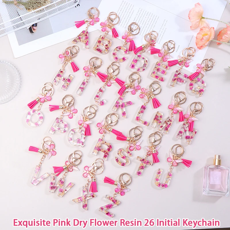 A-Z Pink Dry Flower Letters Keychain For Women Tassel Butterfly Pendant Initial Keyring Purse Suspension Bags Charms Key Chain