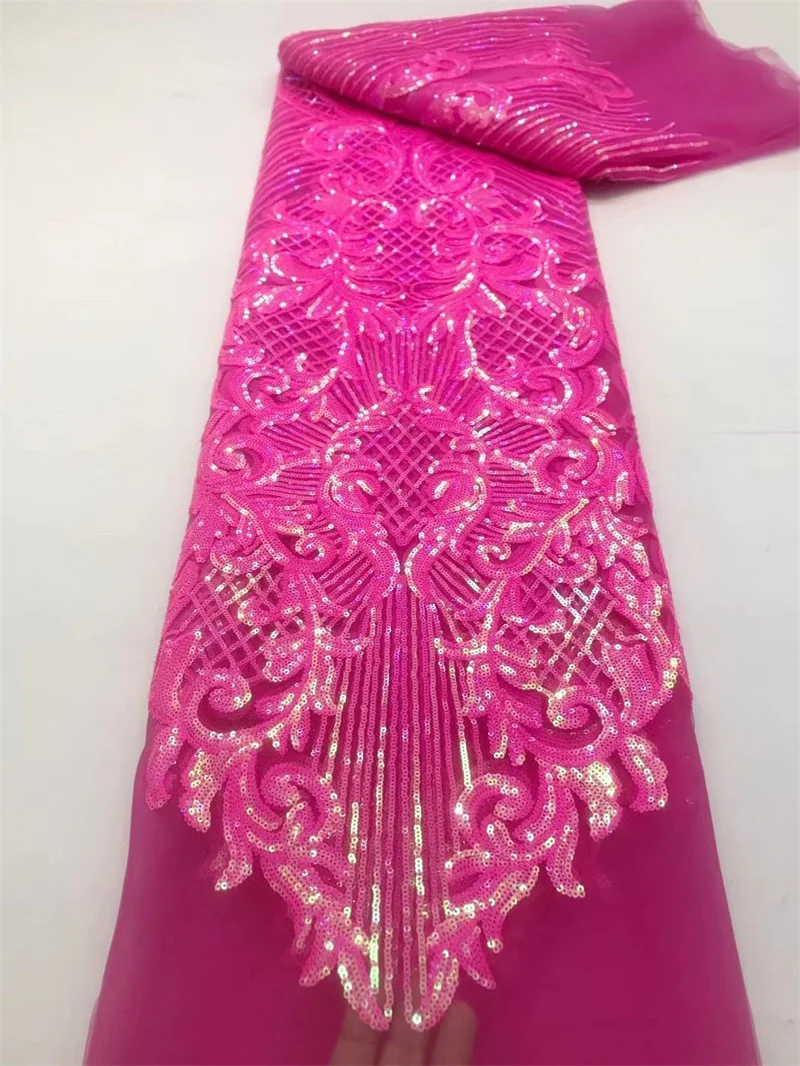 

Fuchsia African Mesh Tulle Lace Fabric With Sequins Nigerian French Net Material Tissu Africain En Dentelle For Party Dress GN9