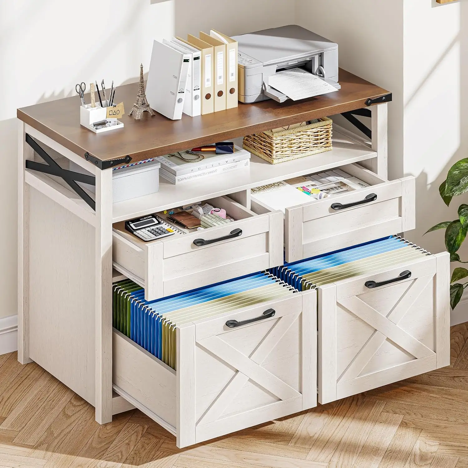 Farmhouse File Cabinet 4 Drawers White Lateral Open Storage Letter A4 Document Organizer Printer Stand Office, Customized