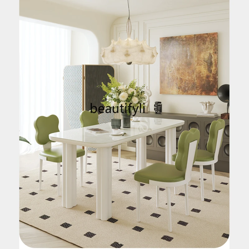 

French Cream Style Stone Plate Dining Tables and Chairs Set Rectangular Modern Simple White