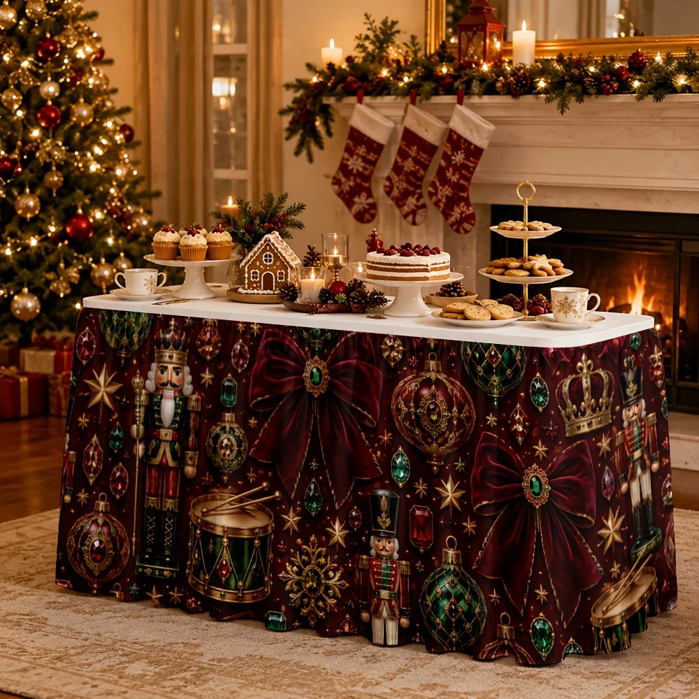 One tablecloth or table skirt, featuring a festive theme pattern, including magnificent crowns and blooming fruit shells.