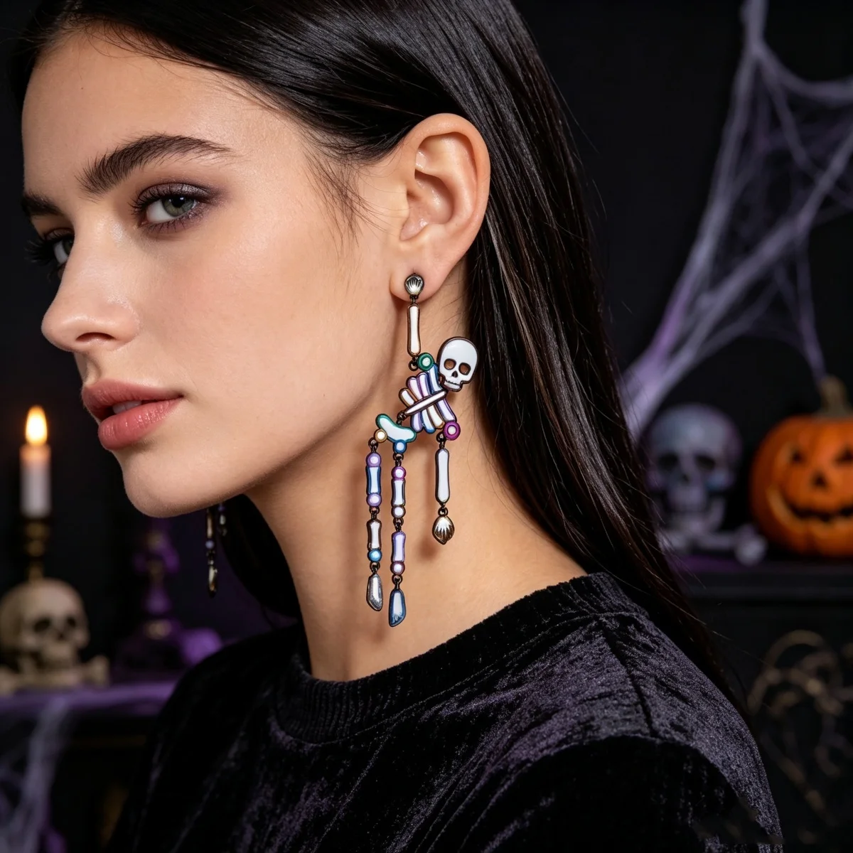 Gotische, dunkle, farbenfrohe Emaille-Totenkopf-Ohrhänger für Damen und Herren, Halloween-Strass-Skelett-Spinnen-Ohrhänger, Partyschmuck – Detail 13