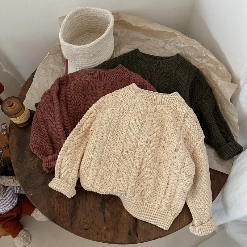 2024 Fall Winter Kids sweater Girls Half high collar Twists knit pullover Boys solid color warm base Tops