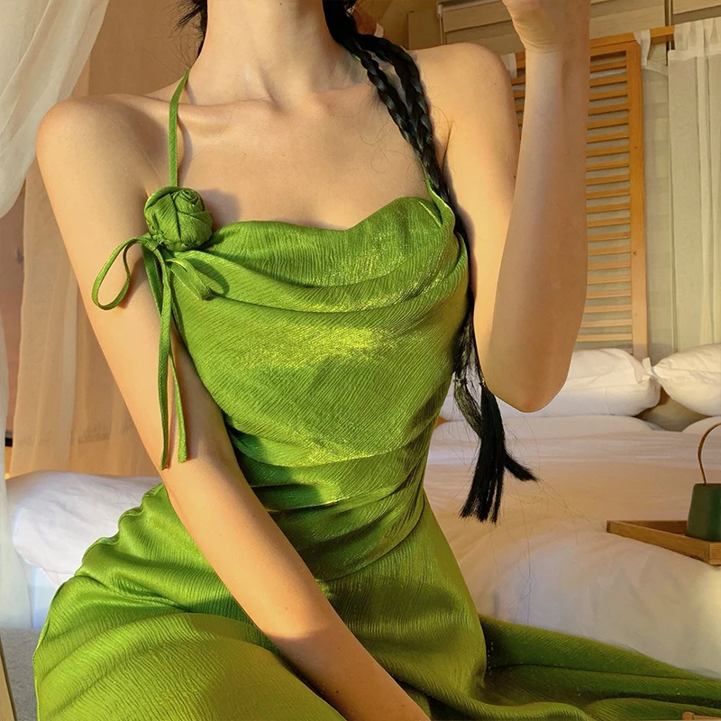 Summer New Sprout Green Satin Neck Hanging Strap Dress for Women with Slimming and Folded Skirt Summer Beach Skirt