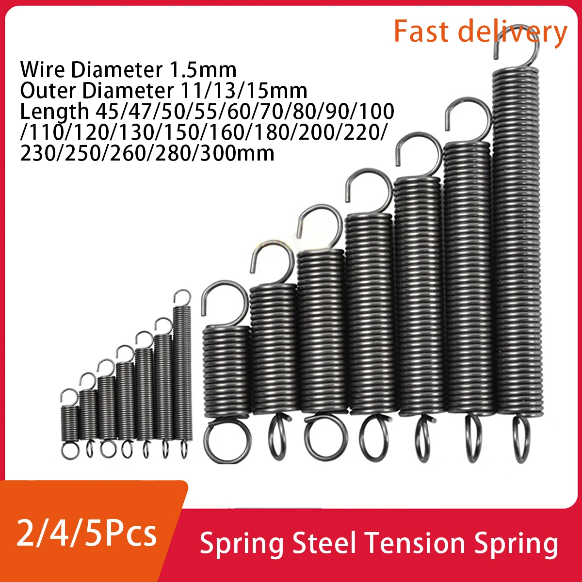 

Spring Steel Tension Spring Draw Extension Spring Hook Wire Diameter 1.5Mm Outer Diameter 11/13/15Mm Length 45-300Mm