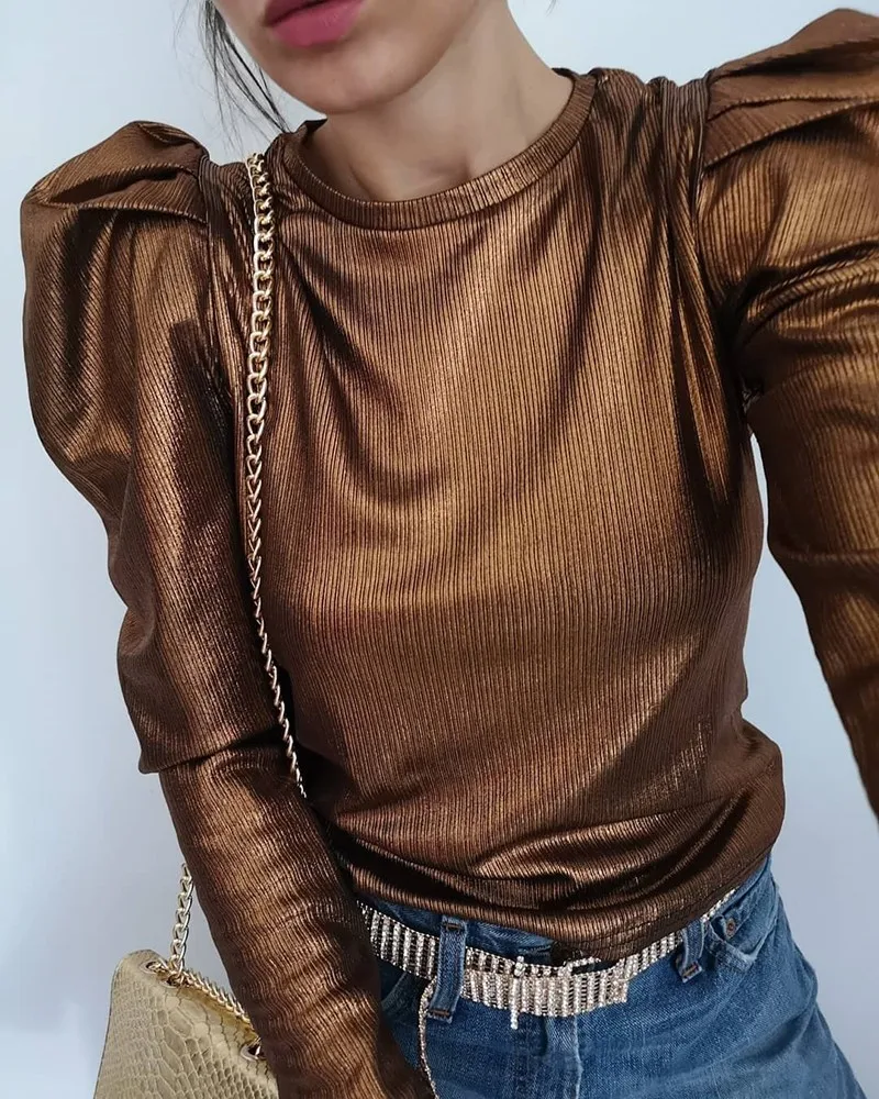 SUSOLA Gold Velvet Puff Long Sleeve Blouse Casual Shirt Women Spring O Neck Slim Fit Tops Trend Streetwear Autumn Blouse