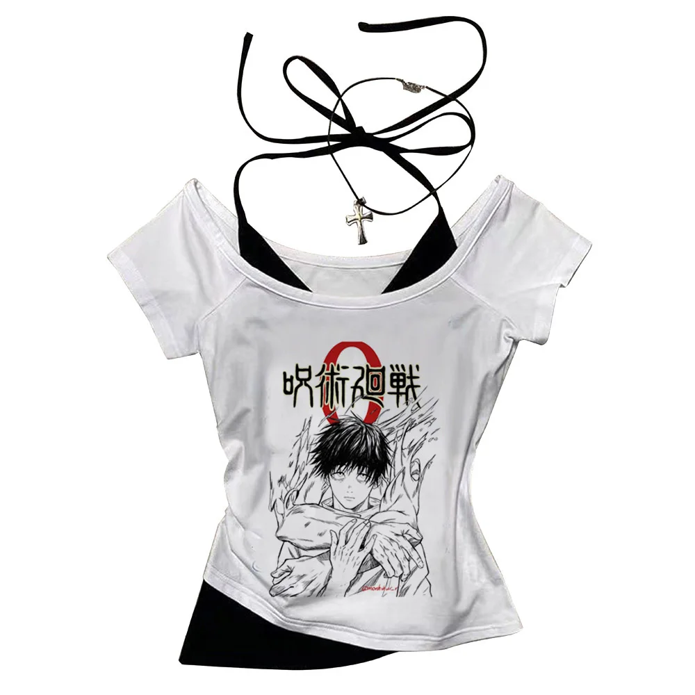 Jujutsu Kaisen Gojo المحاصيل الأعلى سليم صالح لطيف الصيف بيبي دول لطيف شوجو فتاة نمط مشد الجمالية 2000s امرأة تي شيرت