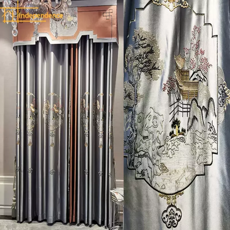 New Chinese Classical Landscape Painting Embroidered Window Screen Grey Curtains for Living Room Study Bedroom French Customized