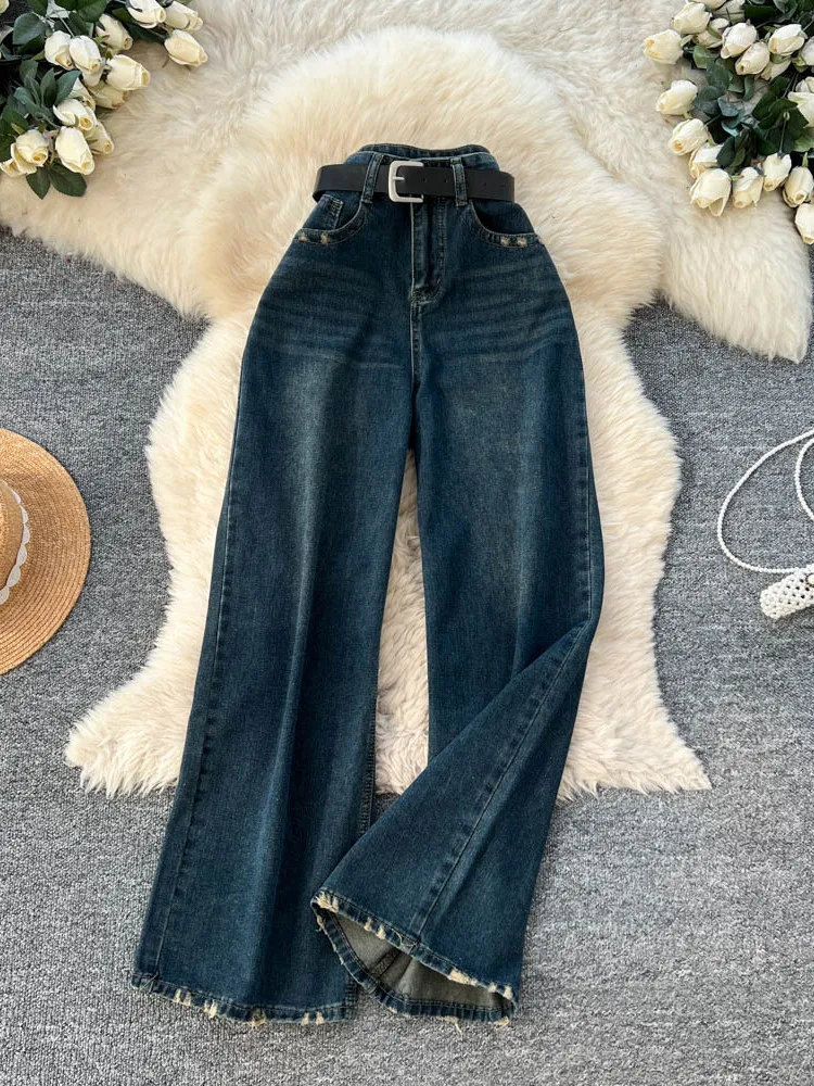 

American Retro High Waist Wide Leg Faded Casual Jeans Women Summer Loose Slim Straight Street Style Long Trousers
