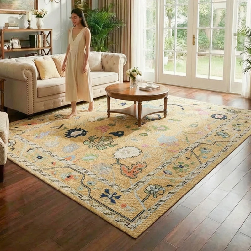 Retro Chinese Style Carpet for Living Room Yellow Handmade Wool Thick Floor Mat Persian Bedroom Rug Bedside Coffee Table Rug
