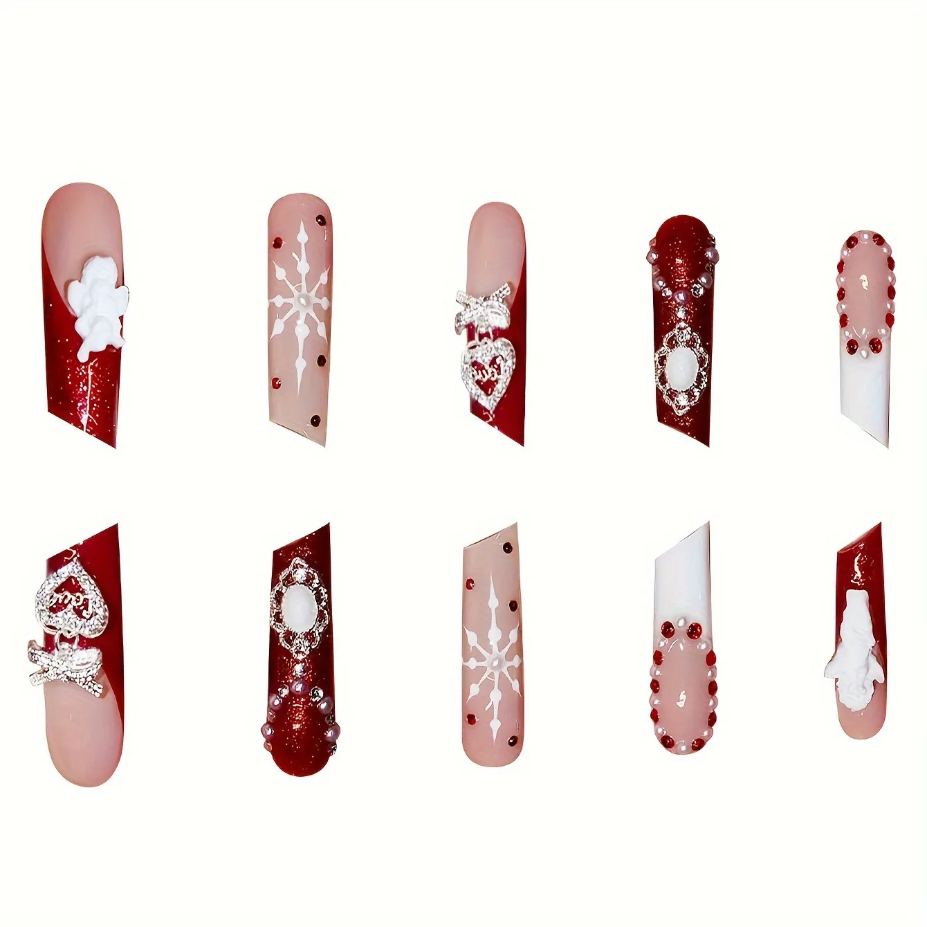 24 Uds lápiz labial largo uñas postizas prensa en uñas Navidad Flash decoración de diamante cubierta completa copo de nieve rojo uñas postizas francesas usables