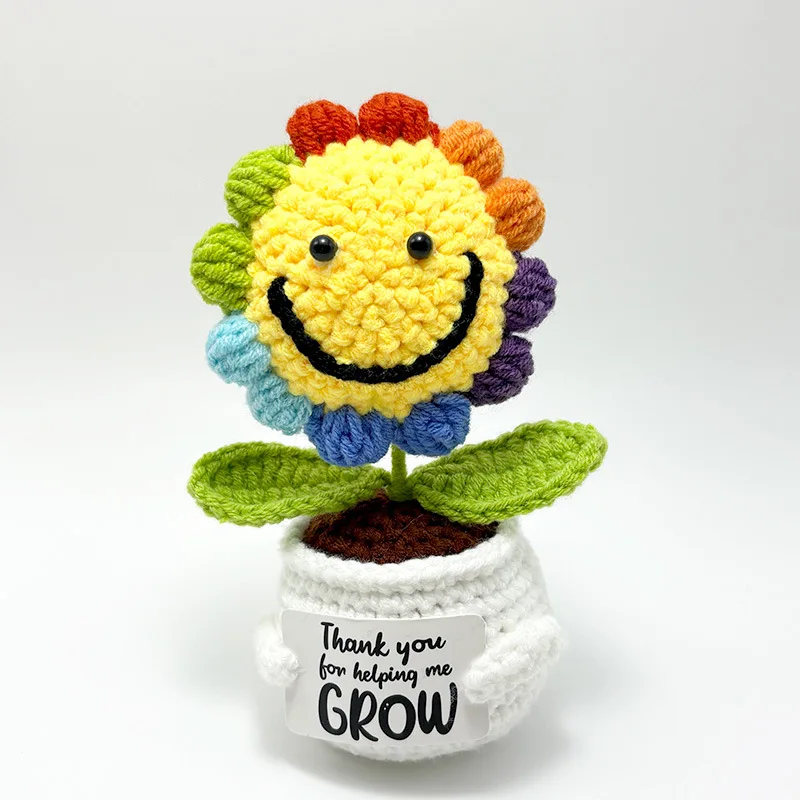 Positive Crochet Doll Knitted Sunflower Home Room Decor Artificial Flower Potted Plant Funny Handmade Gift New Year Decoration