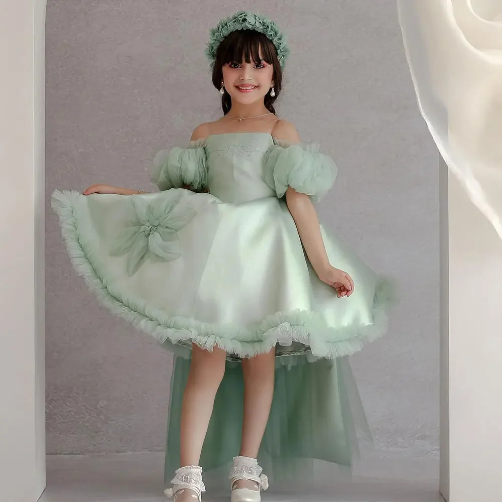 Fashion Sage Green Flowers Girl Dress for Wedding Off the Shoulder High-Low Length Baby Birthday Party First Communion Dress