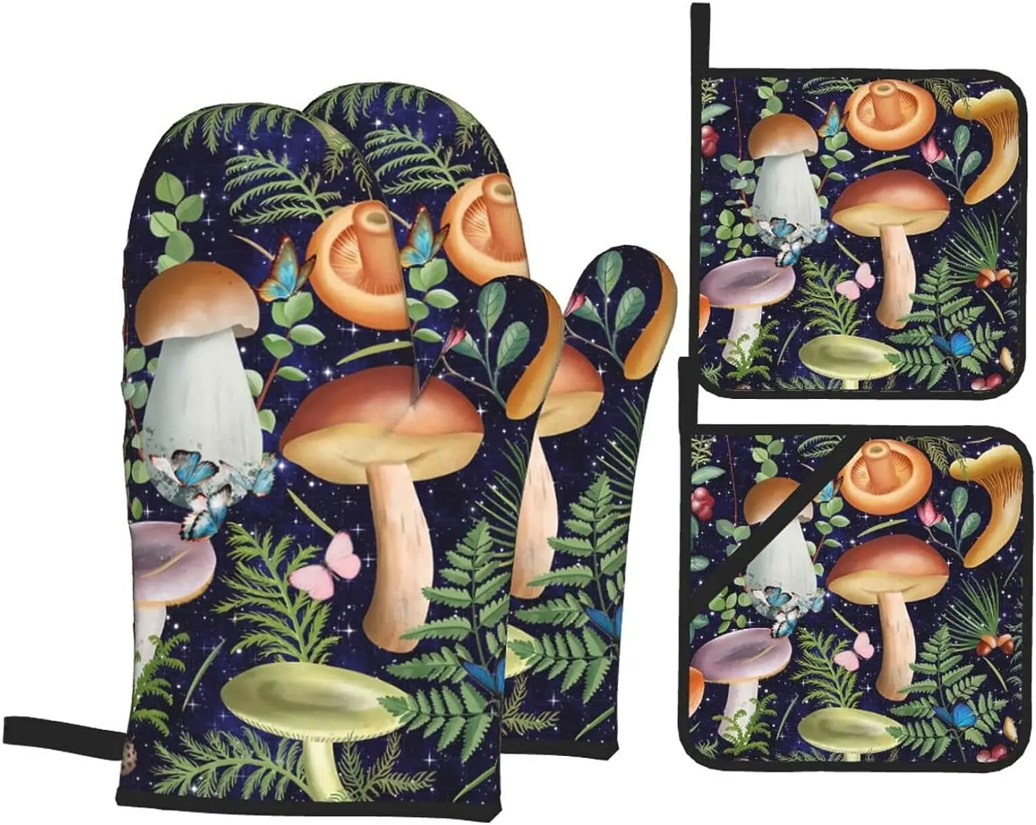 Mushroom Oven Mitts and Pot Holders Sets Tropical Leaves Oven Mitts Butterfly Oven Mitts Starry Sky Heat Resistant 4-Piece Set