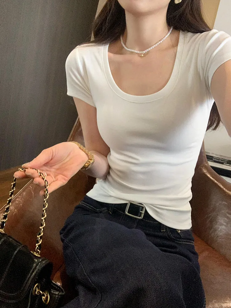 Slim Fit Short Sleeve T-Shirt Women Summer New Style Beautiful Base Shirt Close Fit Top U Neck Low round Neck Cotton Polyeste...