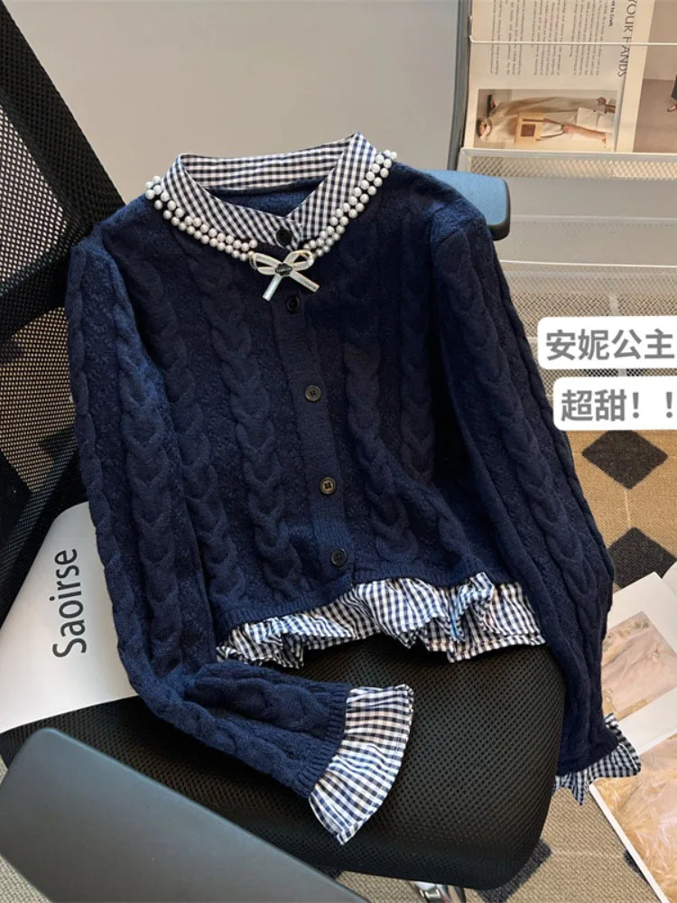 Plus Size Fashion Korean Turtleneck Crop Top Autumn 2024 New Long Sleeve Patchwork Sweater Women Sweet Bow Elegant Knit Pullover