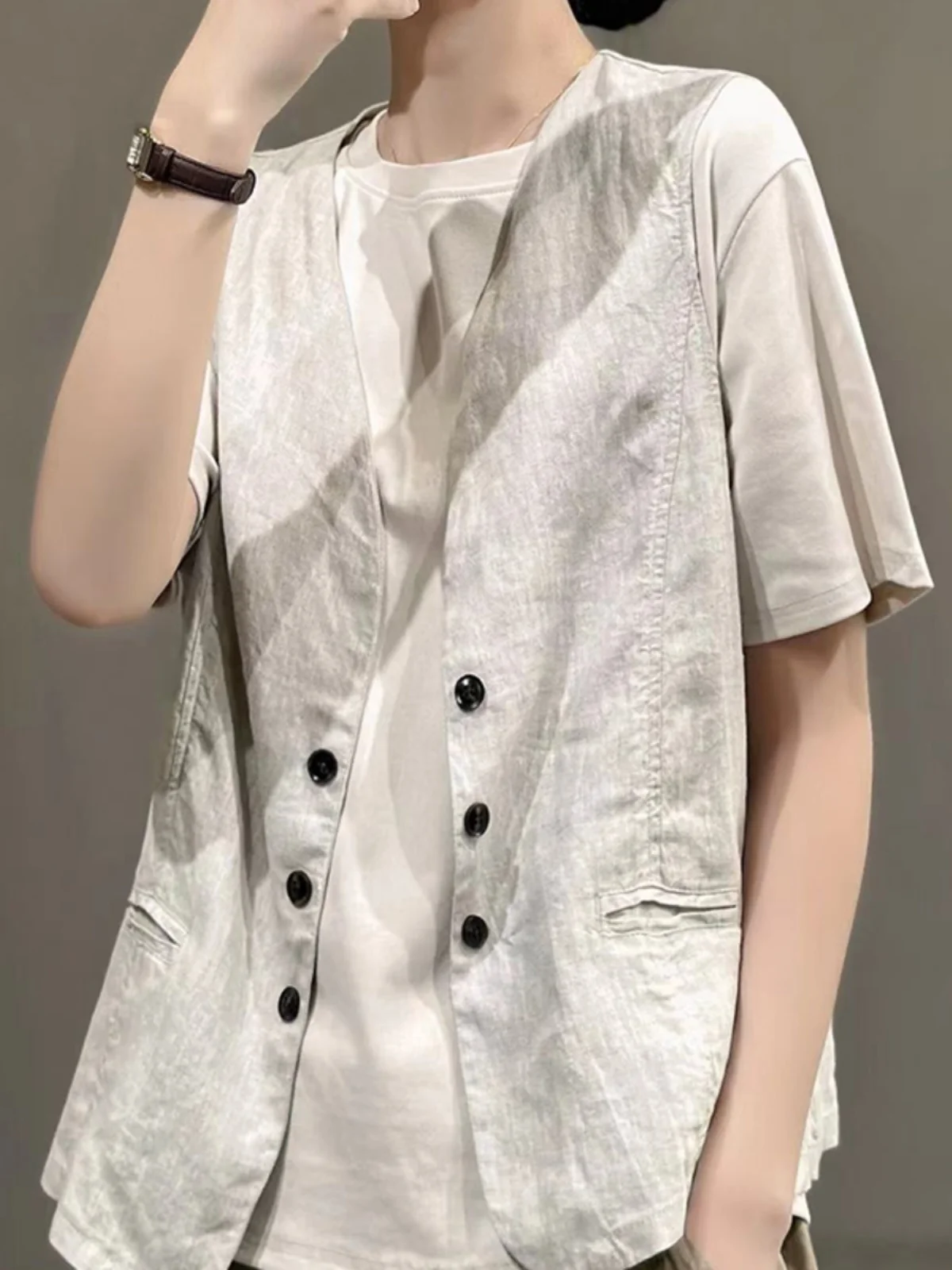 

Cotton Linen Vest Women Summer Loose V-ne Svel Top Simple Match All Sles Button up Pure Color Commute Sle