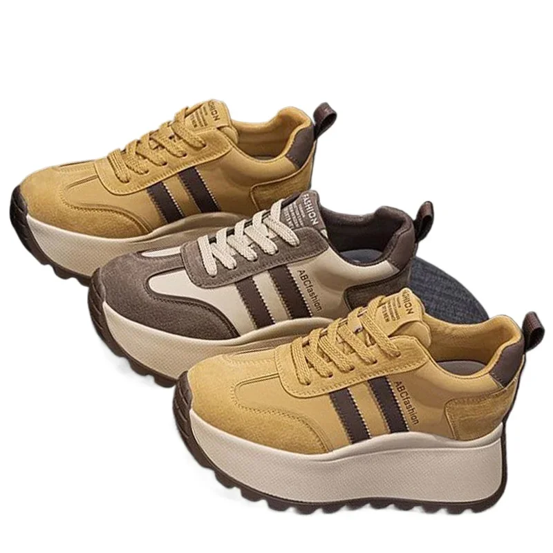New Thick-soled 8CM Wedge Heels Non-slip Women\'s Casual  Sports Shoes Fashion Round-toed Lace-up Outdoor Hiking Women\'s Sneaker
