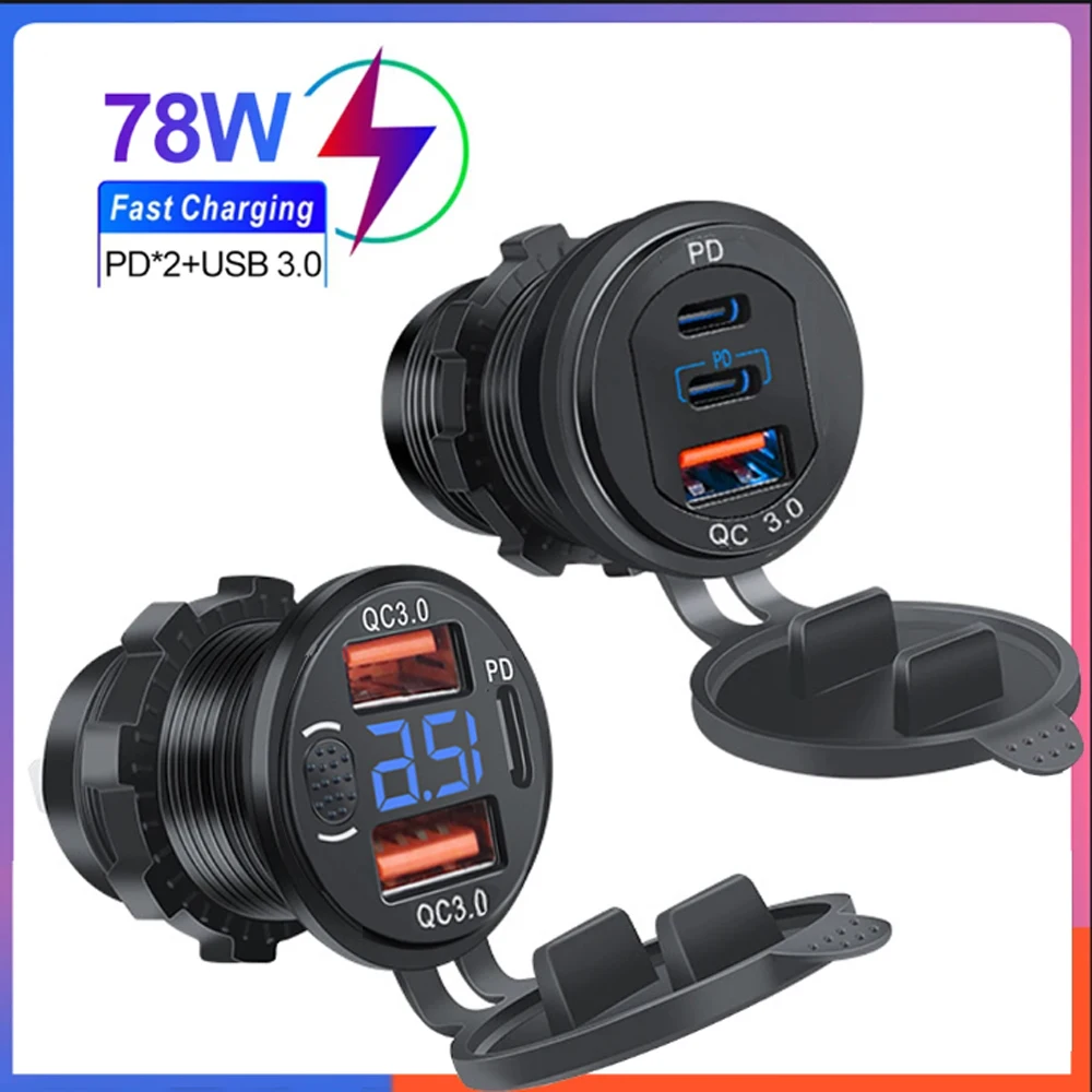 Autoladegerät-Buchse PD3.0 und QC3.0, doppelte USB-C-Anschlüsse, wasserdicht, 78 W, Schnellladung, Aluminium, für 12 V/24 V Boote, Moto-Adapter
