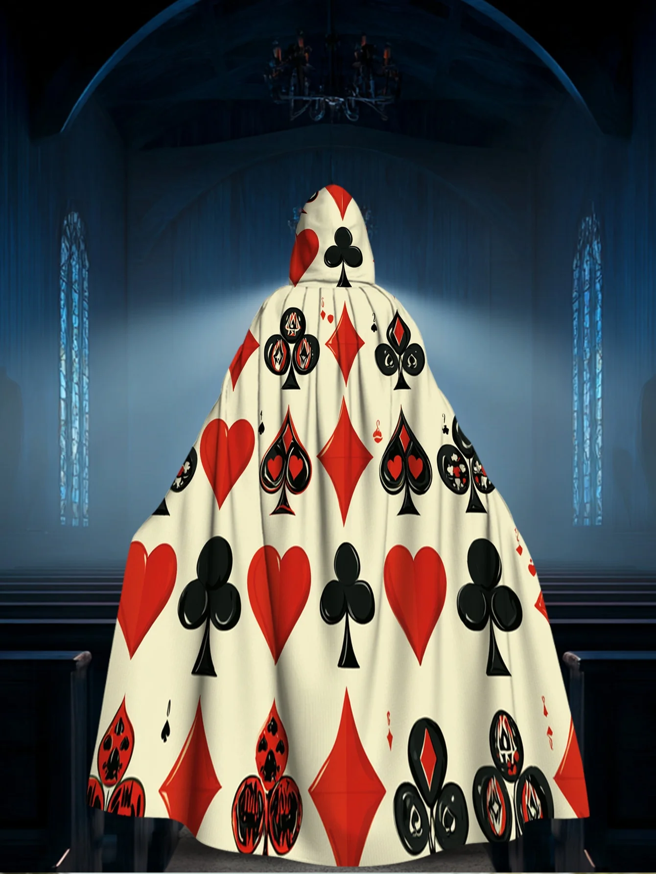 Customization 1pc Of 2D Flat Printed Comfortable Hooded Cape Featuring Playing Card Symbols, Made Of 100%, Ideal For Themed Show