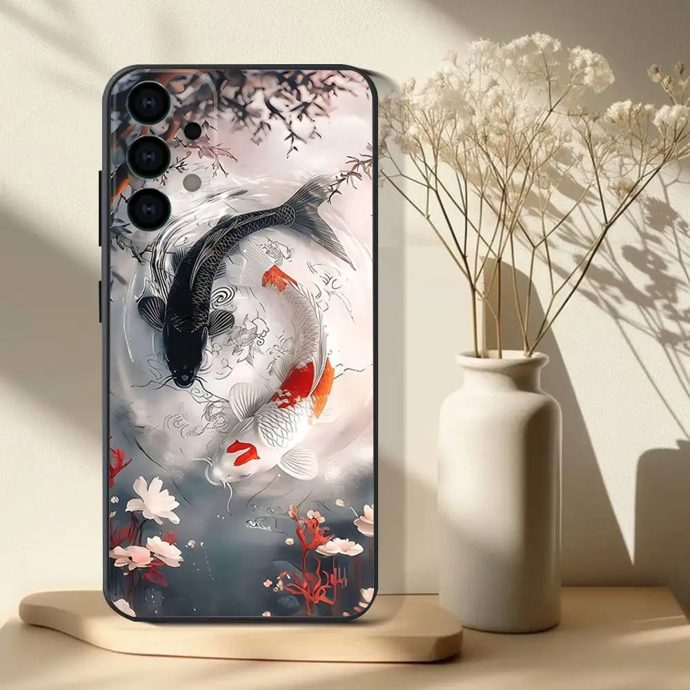 Koi Carp Fish Yin Yang Art Phone Case For Samsung S 25,24,23,22,30,21,10,9,Ultra,Plus,Lite,FE,4,5G Black Soft Case