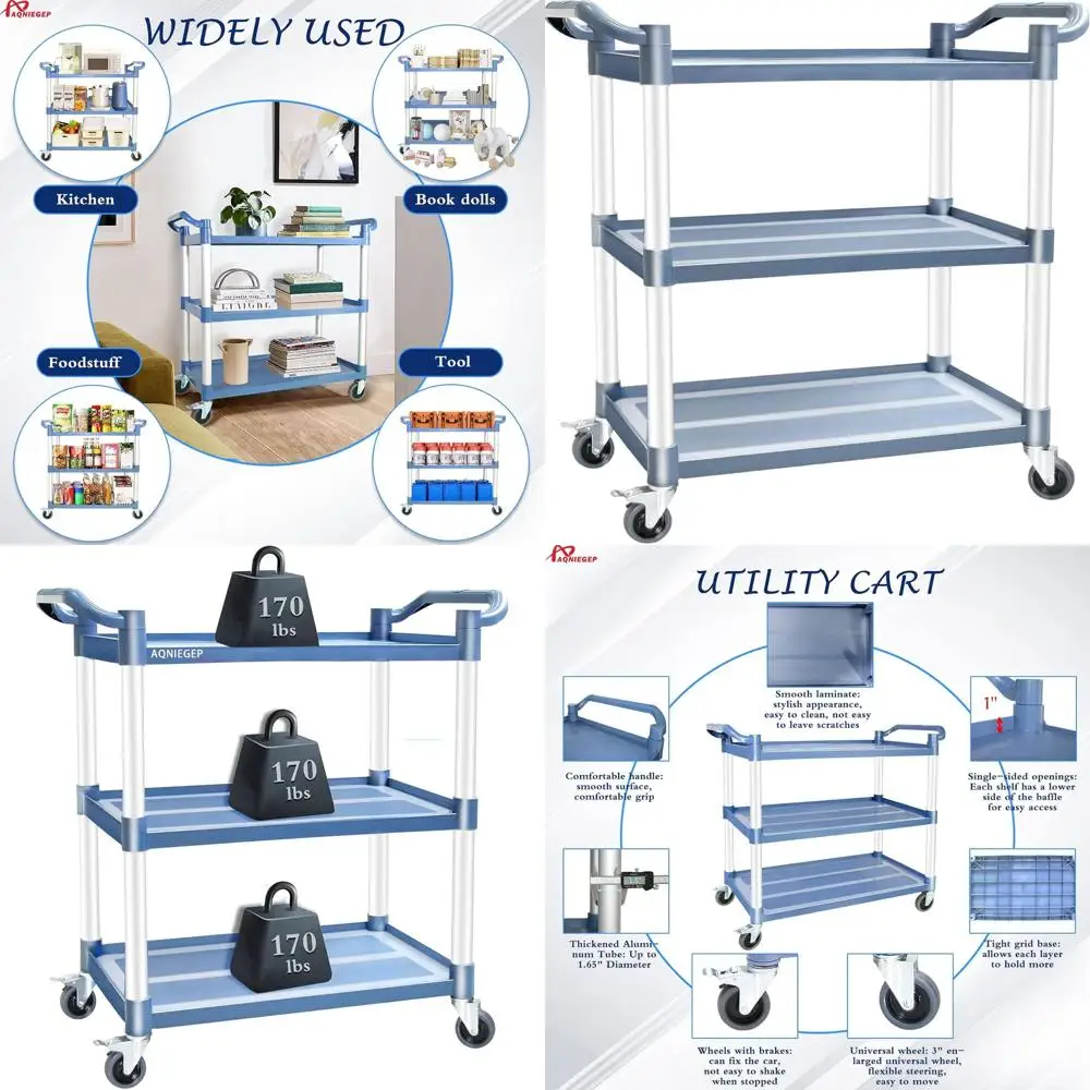 Robuster 510 lbs 3-stufiger Küchenwagen mit feststellbaren Rädern für Restaurant, Büro, Grau