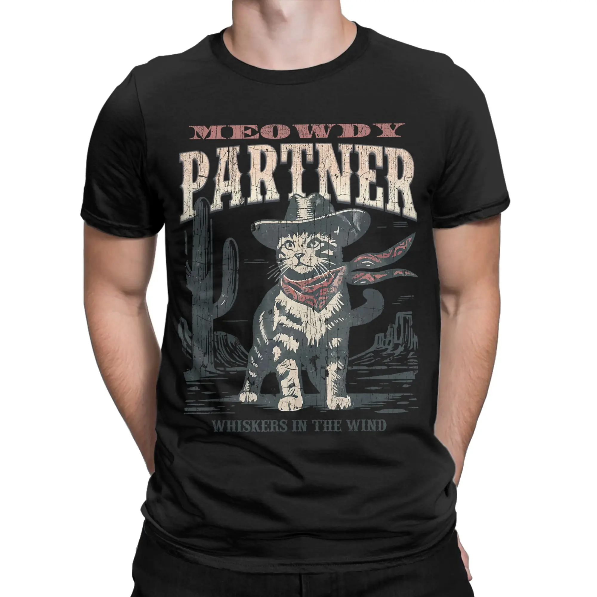Meowdy Partner Cowboy Cat Vintage classicFunny 100% Cotton T-Shirt Cats meme Tees Tops For Men