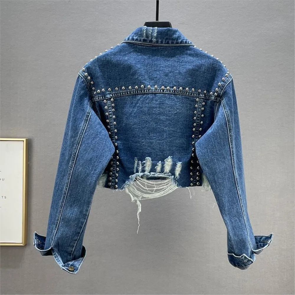 Women's Heavy Industry Riveted Diamond Denim Jacket Spring  Autumn New Slim Fashion Frayed Beaded Jacket Denim Female Tops 2026