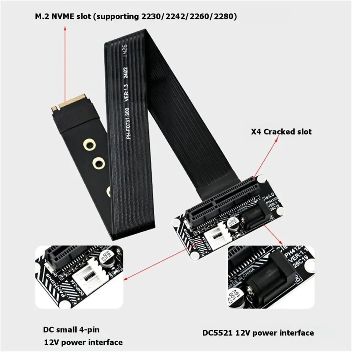 A49T M.2 M-Key NVMe PCIe Slot to PCIe 4.0 X4 External Graphics Card NVME to PCIE X4 Riser Cable 180 Degree Extension Cable