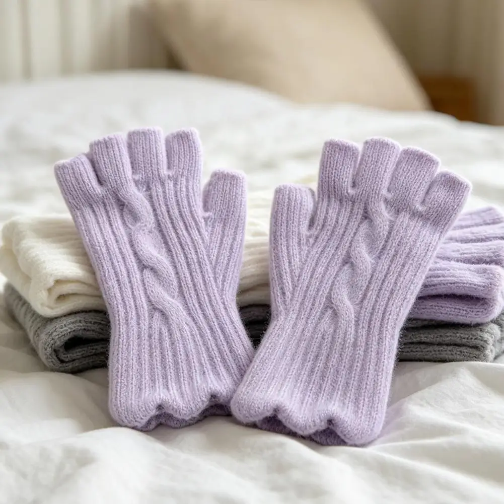 Vintage Jacquard Knit Gloves for Women, Thickened Thermal Half Finger Gloves with Elastic Wrist Cuff for Winter Typing