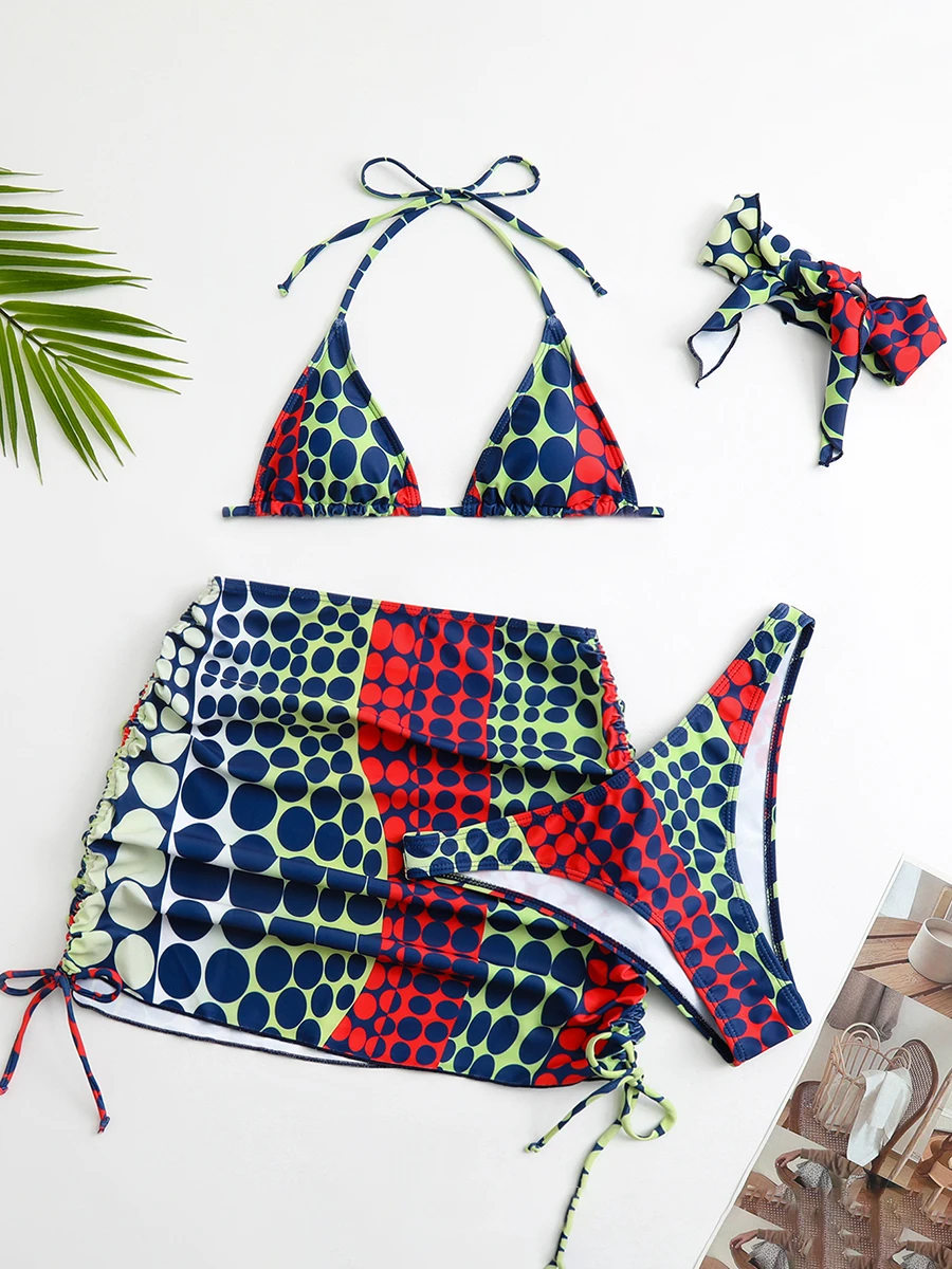 4 sztuki losowe nadruk w kropki strona krawatowa Halter bikini strój kąpielowy i spódnica na plażę seksowne stroje kąpielowe kobiet 2024 kostium