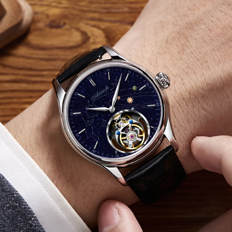 Ready Stock! AESOP(Automatic 7049G)Tourbillon Mechanical Watch Men, Luxury Starry Sky Dial, Automatic Wind, 30M Waterproof