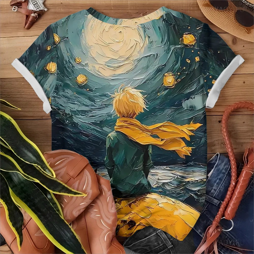 مرسومة باليد النفط اللوحة الصفراء ليلة مليئة بالنجوم الأمير الصغير نمط المرأة تي شيرت ريترو ستايل أزرق عميق كم قصير