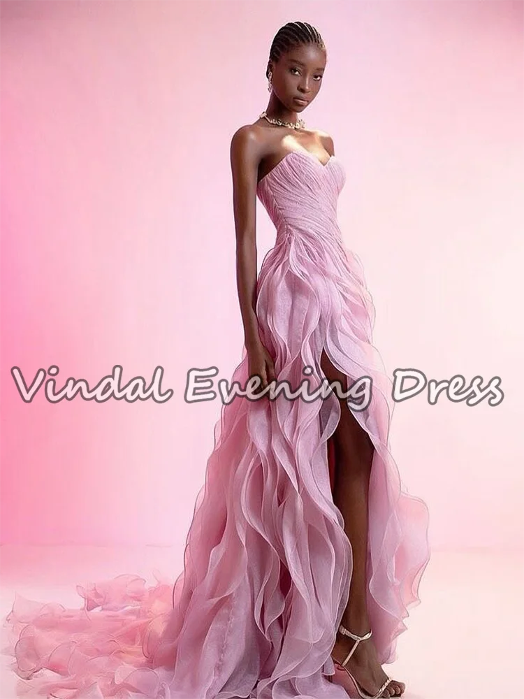 Sukienki wieczorowe Vindal Pink bez ramiączek, plisowane, dla kobiet, z falbanami, warstwowe, z rozcięciem z boku, w kształcie litery A, sukienki na studniówkę, suknie wieczorowe, szyte na miarę.