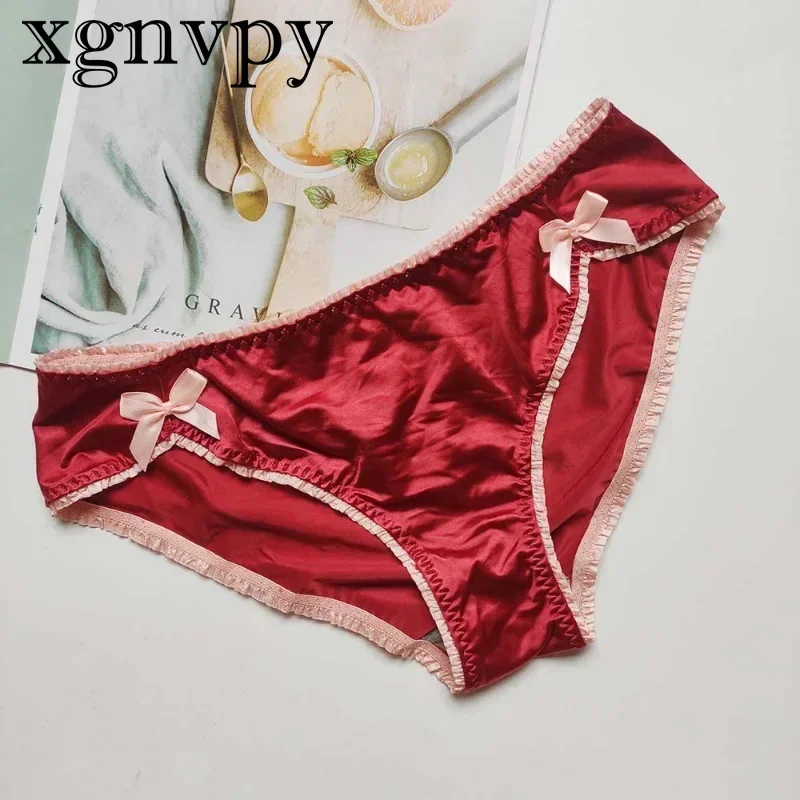 xgnvpy Luxury Bow Women's Underwear Vintage Solid Satin Cotton Seamless Briefs Sexy Panties Thongs Feminine Lingerie Lacy