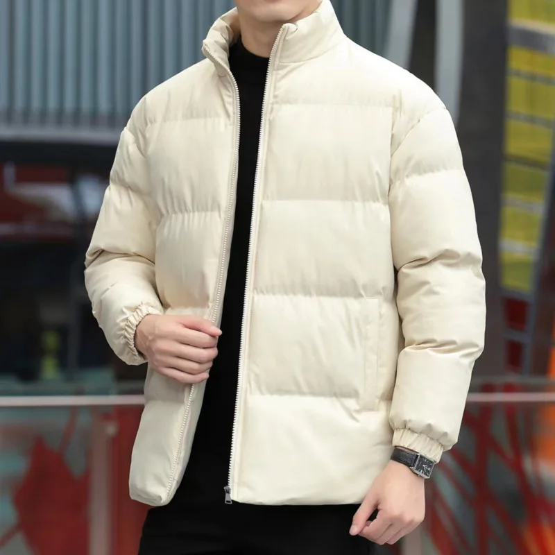 2022 Winter New Men Padded Jacket Solid Thicken Warm Loose Coat Wild Long Sleeve Stand Collar Outerwear Korean Fashion Clothing