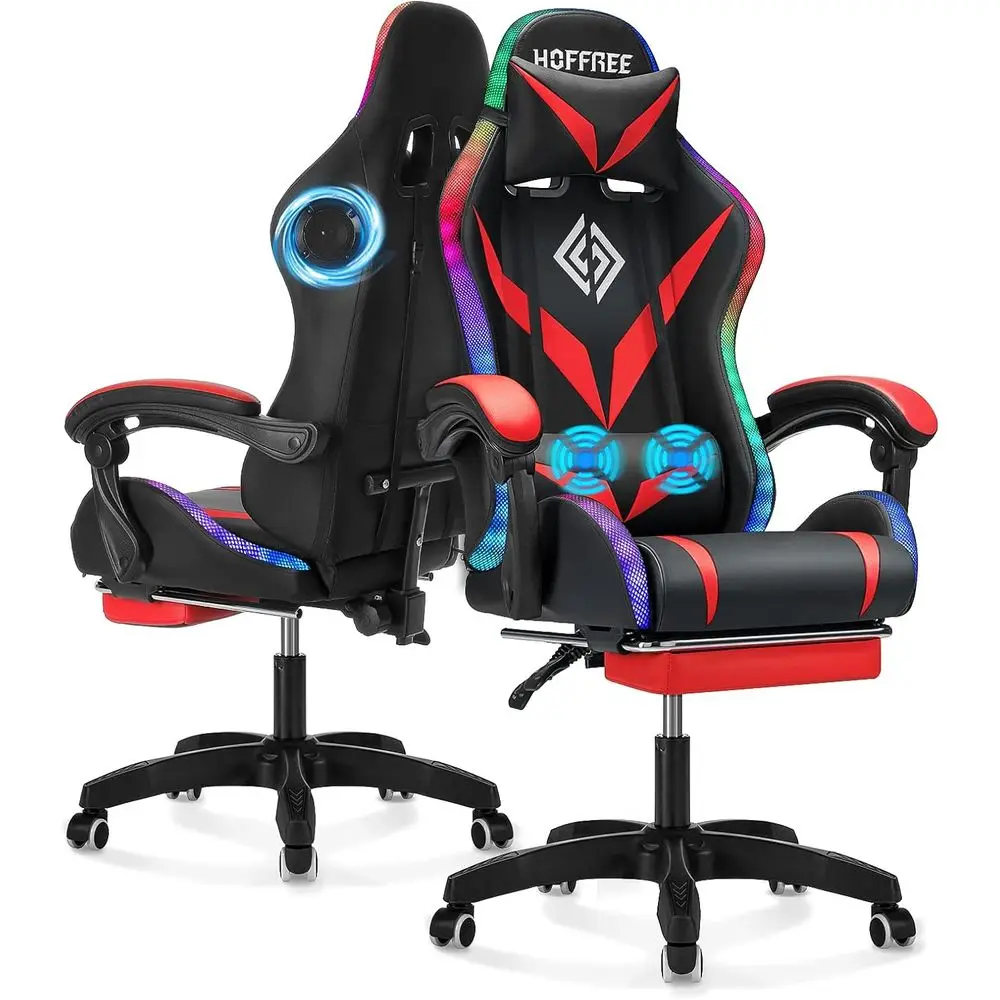 RGB Gaming Chair with Speakers Massage Ergonomic Computer Chair Red+Black | Bluetooth Video Game Chair with Lights Reclining Gam