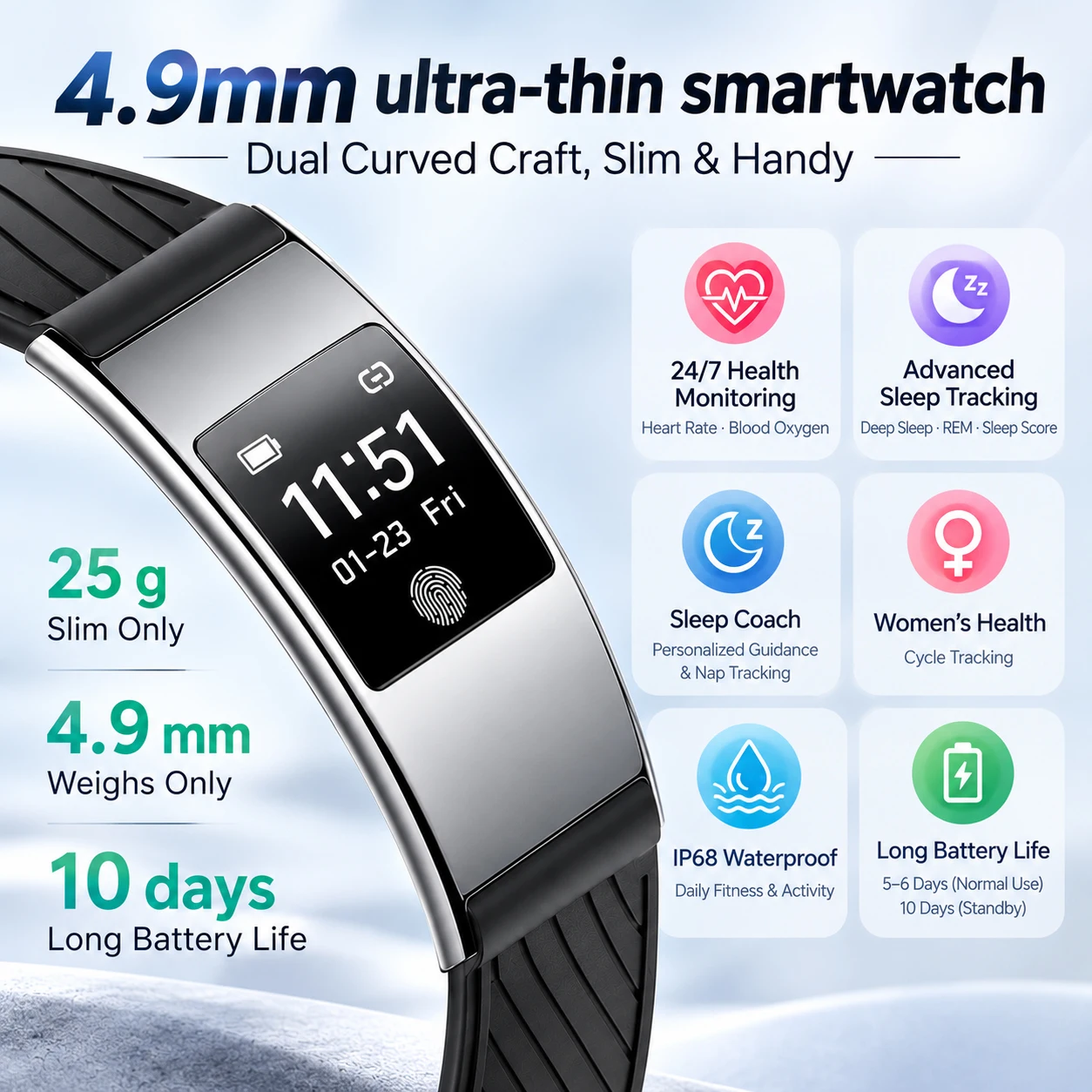 4.9mm Ultra-Thin Smart Bracelet Women:Heart Rate Blood Oxygen Sleep Monitoring Waterproof Bluetooth Call Smartbracelet 2026 NEW