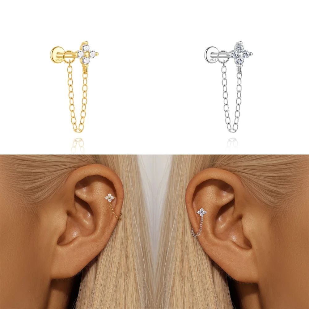 ROXI 1PC S925 Silver FourLeaf Clover Zircon Double Chain Cartilage Earring For Women Party Daily Jewelry Hypoallergenic