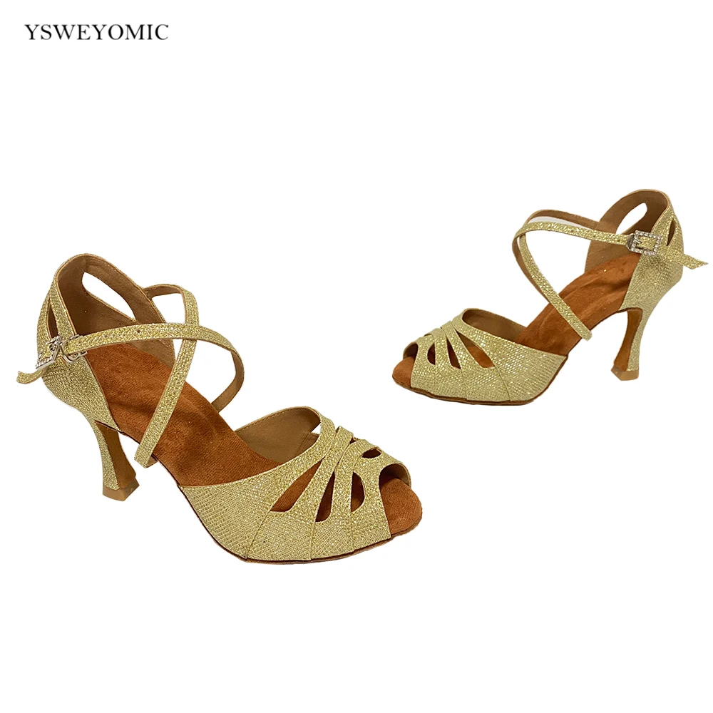 YSWEYOMICE Dance Shoes Gold Glitter Soft Insole Suede Leather cuban Heel 4inch 3.5inch Different Heels Customized Latin Shoes