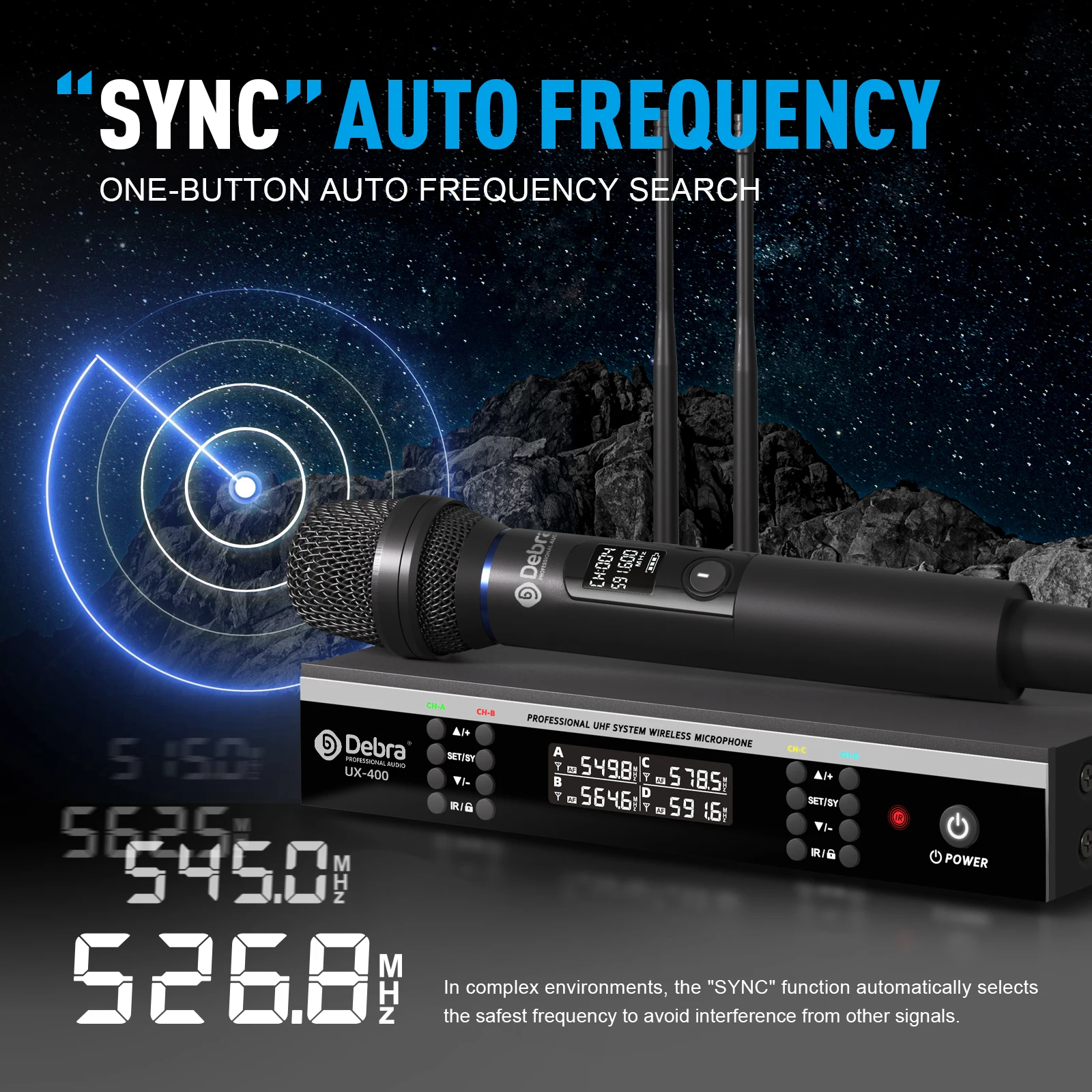 Debra UX-400 Audio UHF ميكروفون محمول ذو 4 قنوات نطاق تردد 500-600 ميجا هرتز، مزامنة الأشعة تحت الحمراء، البحث التردد التلقائي