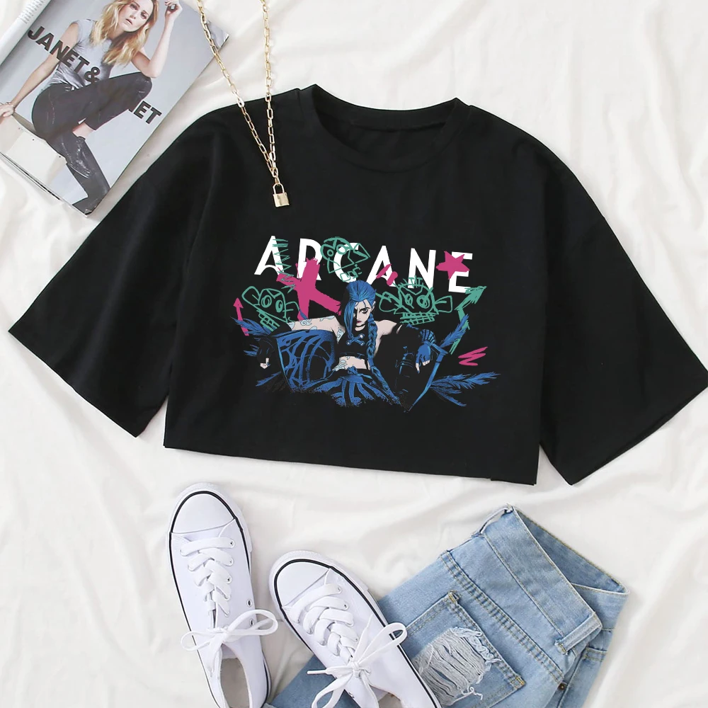 Jinx Arcane Poster Girls O-Neck Casual Women Crop Shirts