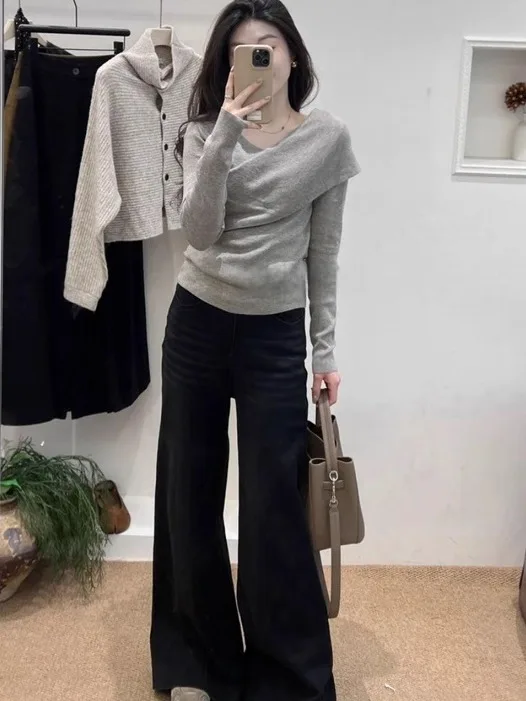 Koreanisches Sle Long Sve Cross Strickoberteil Damen Slim Fit Base Layer irt V-Ne Weich Bequem Alltagskleidung Faionable