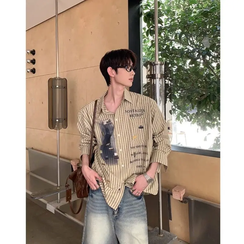 Korean Retro Letter Print Loose Vertical Pattern Long-sleeved Shirt Spring and Autumn Street Versatile Shirt
