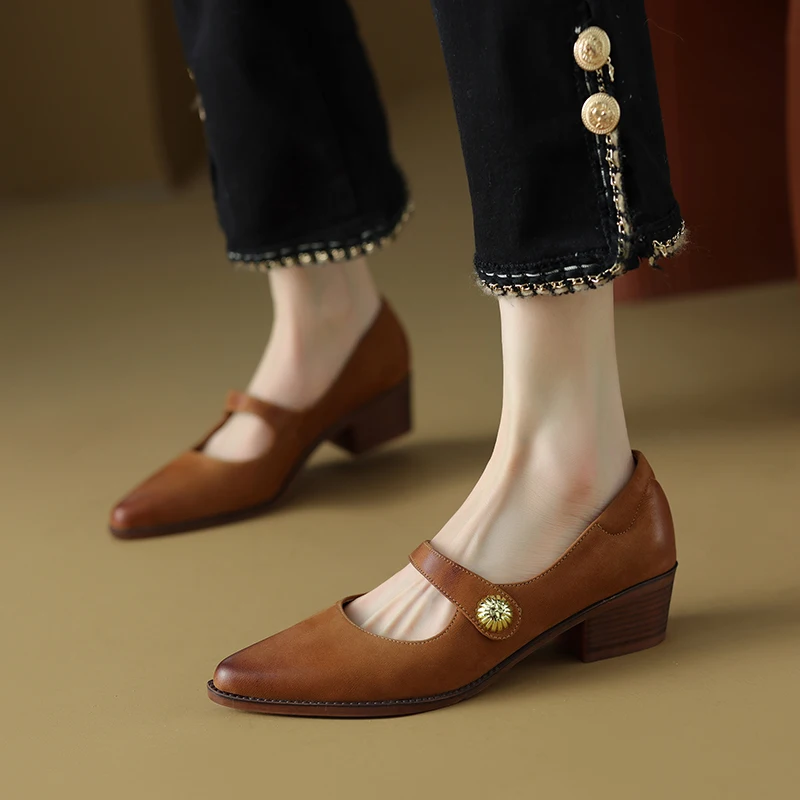 

Women Buckle Strap Shoes Retro Cozy Med Heels Spring Autumn Mary Janes Simple Shoes On Heel 4CM French Style Sheepskin Pumps