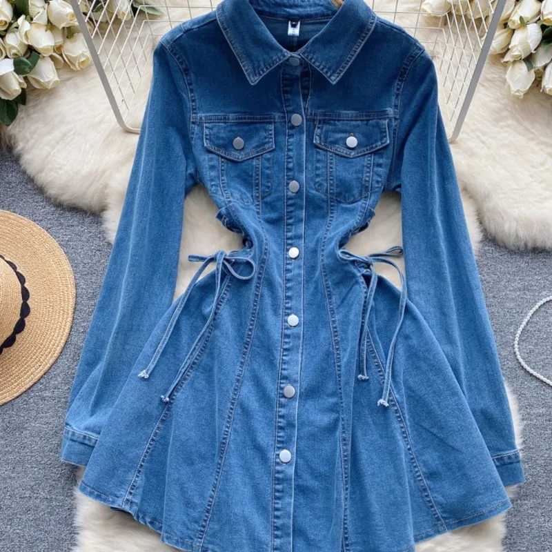 OCEANLOVE Denim Dresses for Women Solid Bandage Spring Autumn Sweet Vestidos Mujer Korean Fashion Buttons Chic Sexy Mini Dress