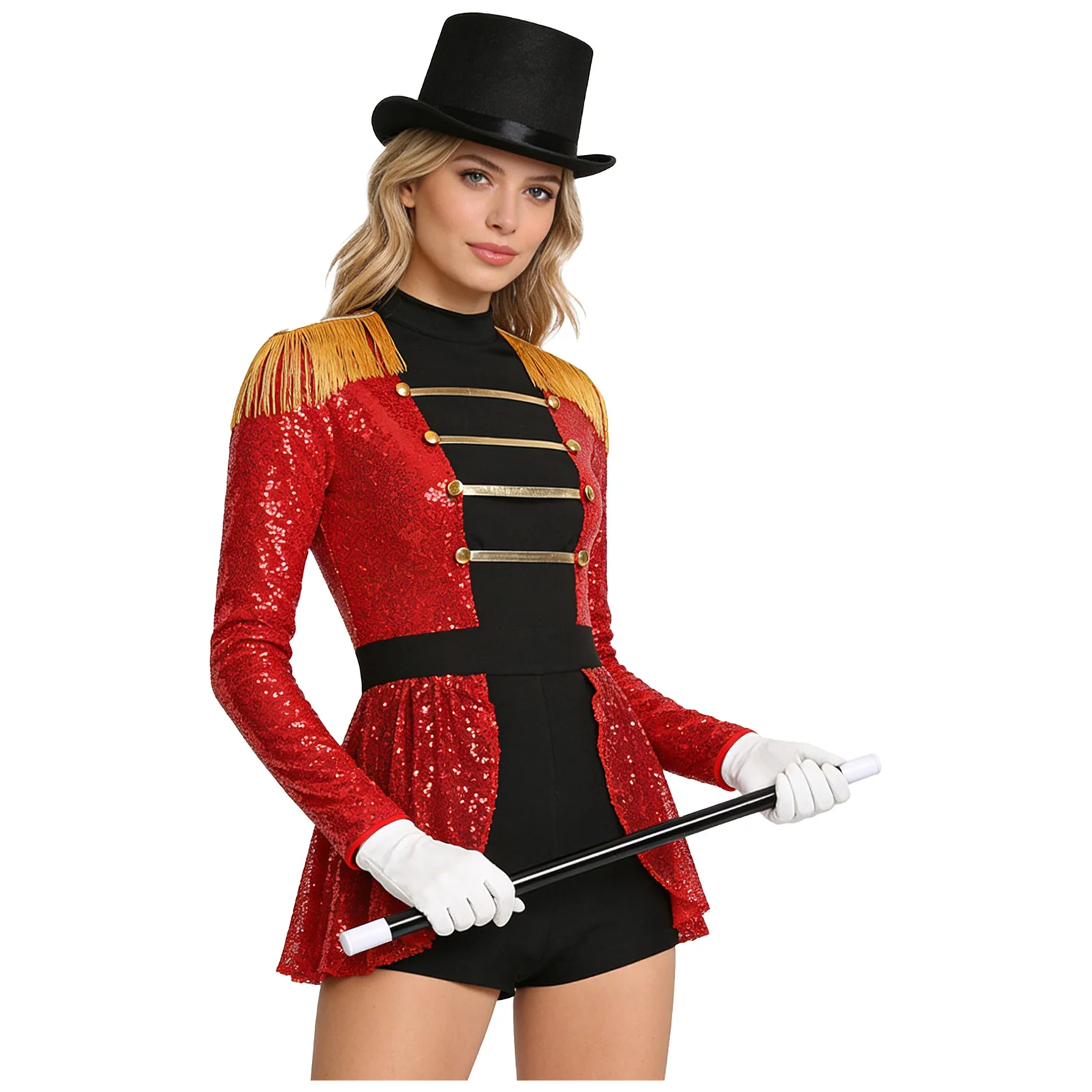 Damen Zirkusdirektorin Cosplay Kostüm mit Quasten, Langarm-Pailletten-Body, Hut, Zauberstab und Handschuhen für Halloween Zaubershow