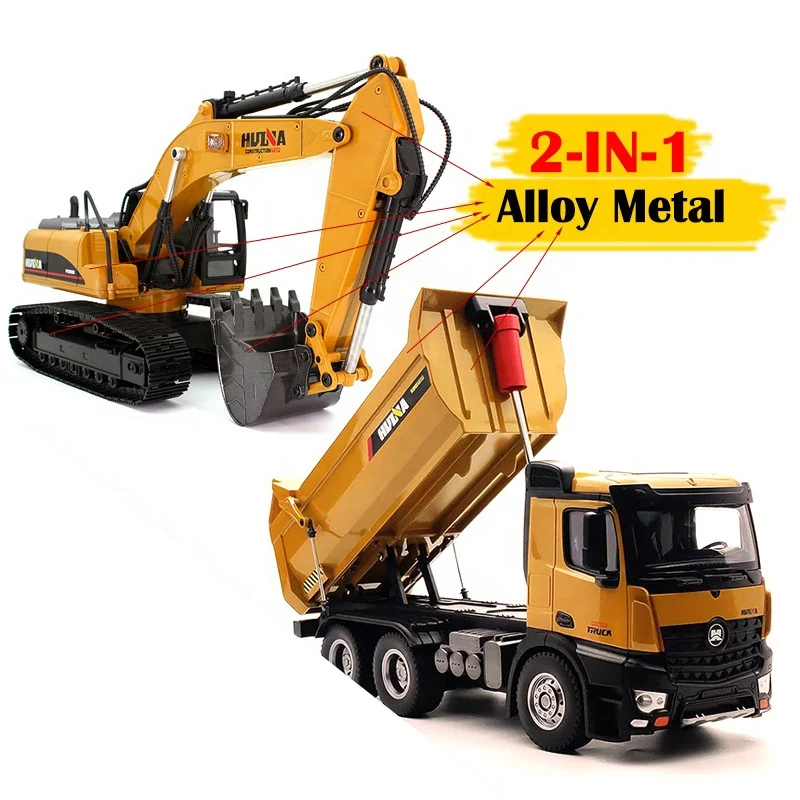 Huina 1580 + 1582 Combination Best Budget Boy Toys Alloy Metal Vehicle Wheel Loader Remote Control Truck Excavator Toy RC Digger