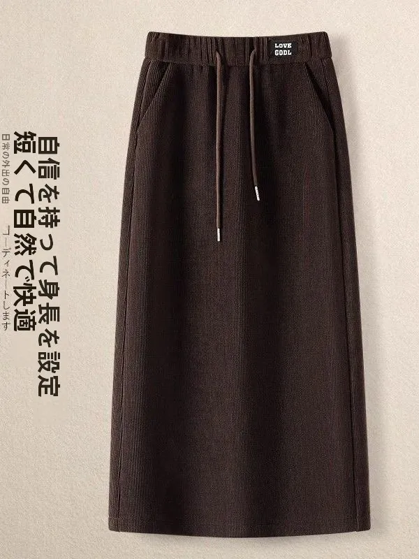 Women's Drawstring Elastic Waist Straight Cut Fleece Lined Skirt Autumn Winter High Waist A-Line Draping Bodycon Skirt