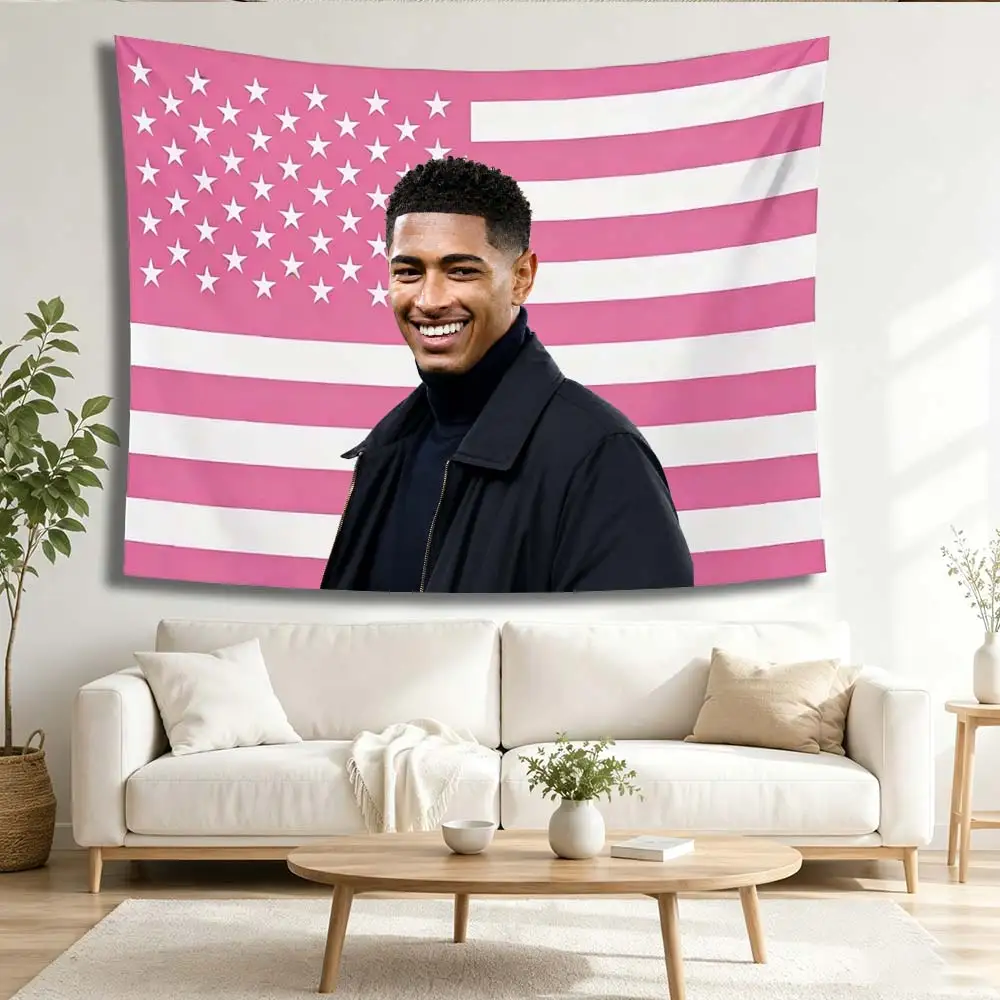 Jude Bellingham Pink American Flag Tapestry, Football Star Portrait Cute Pink Wall Hanging for Fans Bedroom Dorm Decor